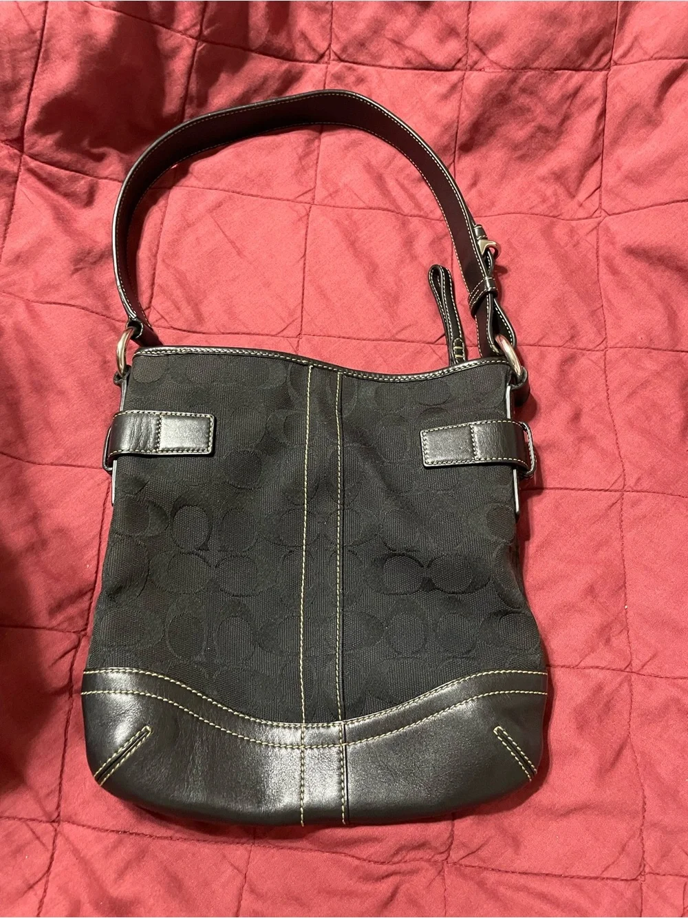 Coach Black Signature Canvas and Leather Shoulder Bag with Silver Hardware